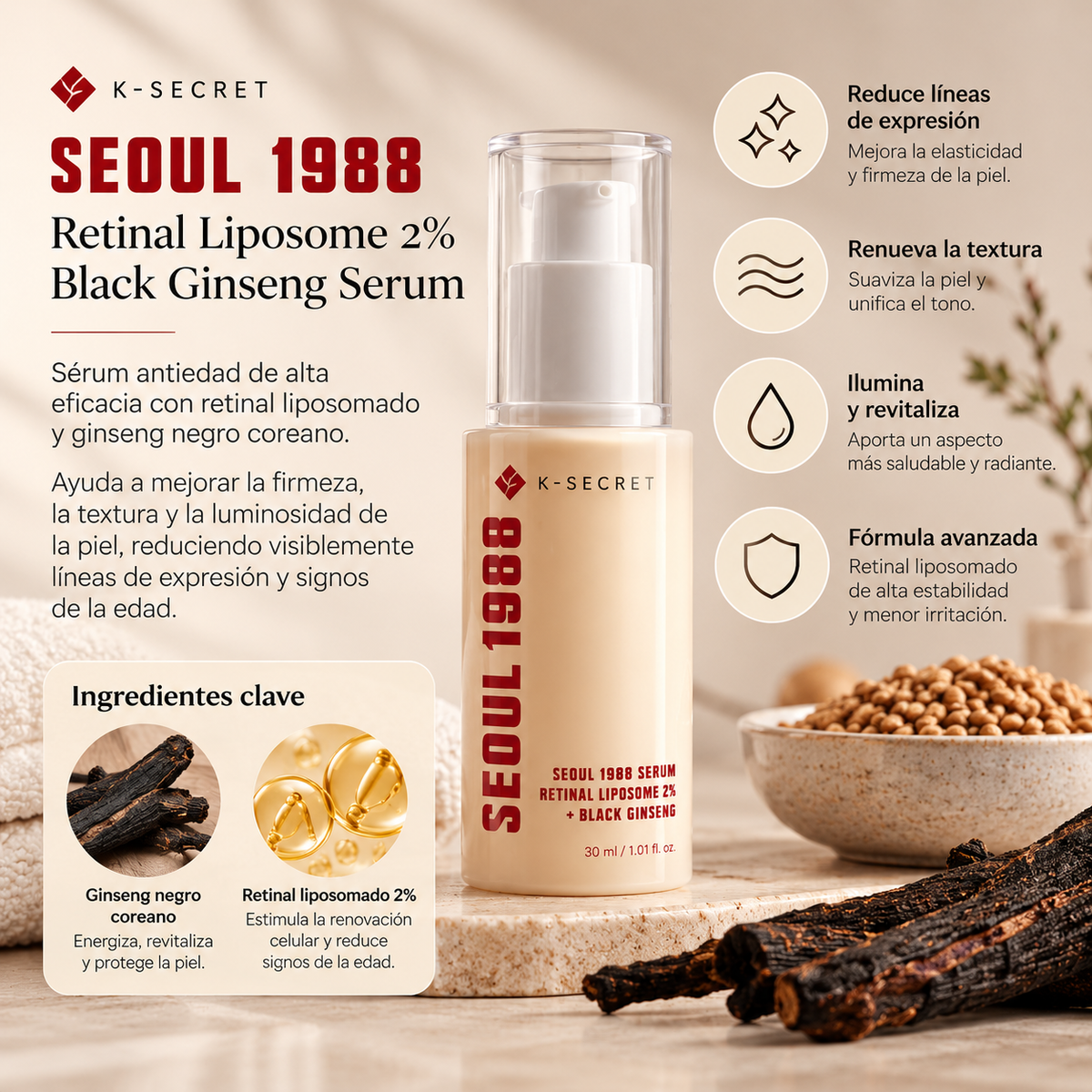 KSECRET Seoul 1988 Serum Retinal Liposome 2% + Black Ginseng | 30 ml